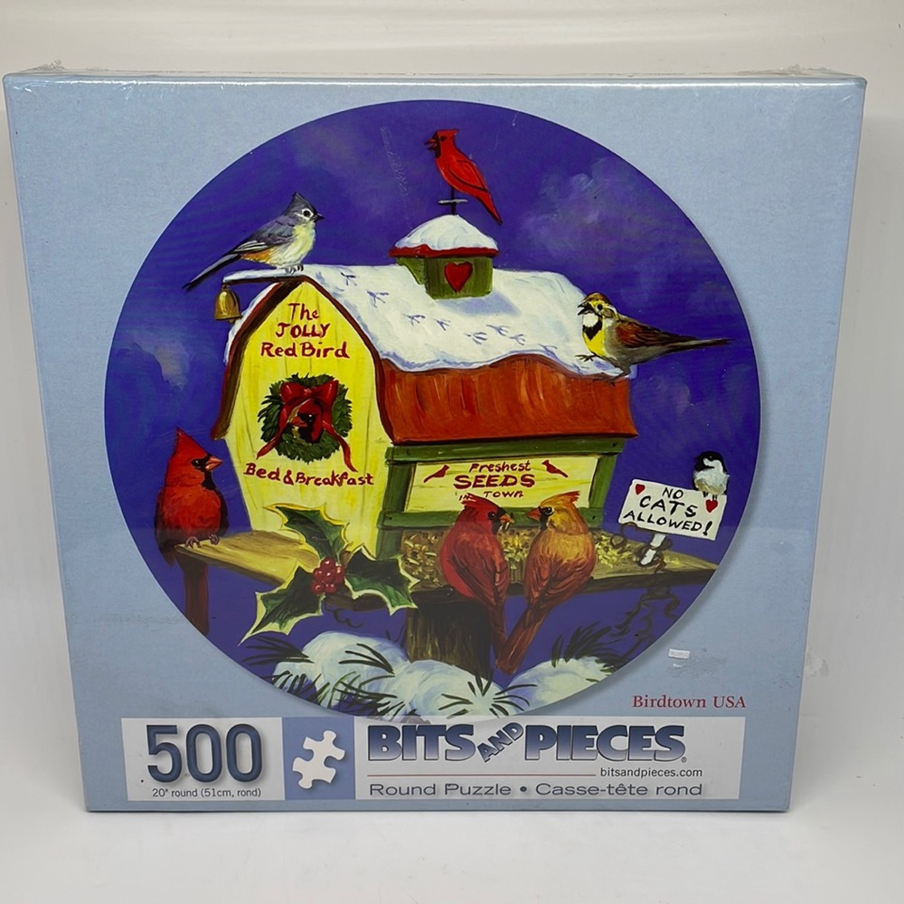 500 Piece 20" Round Linda Picken Art PUZZLE " Birdtown USA " New